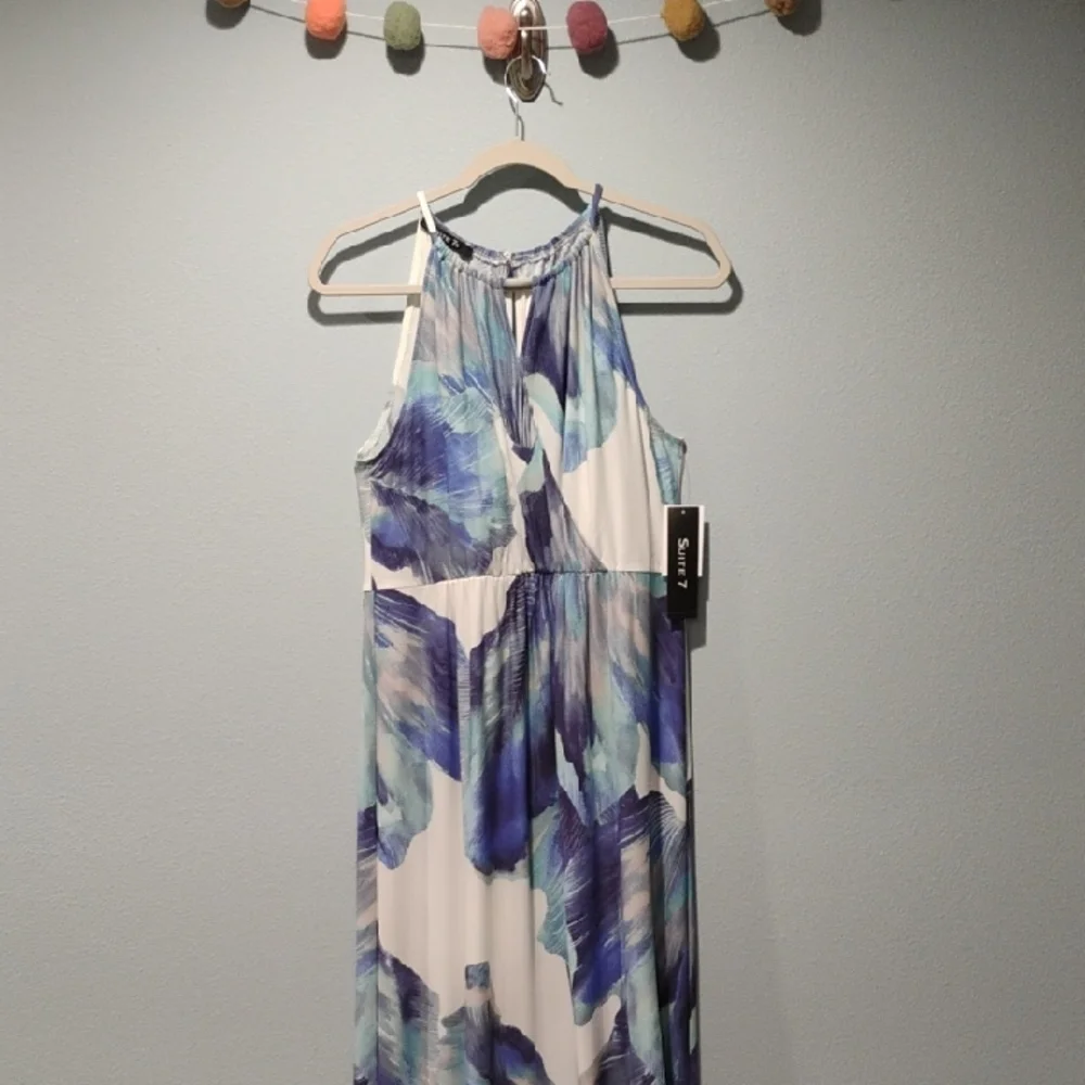 SUITE 7 Blue & White Halter-Style Maxi Dress - Picture 1 of 9